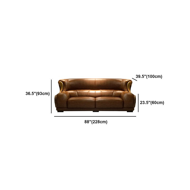 Genuine Leather Round Arm Sectionals Dark Brown 36.61"High Cushion Back Sofa