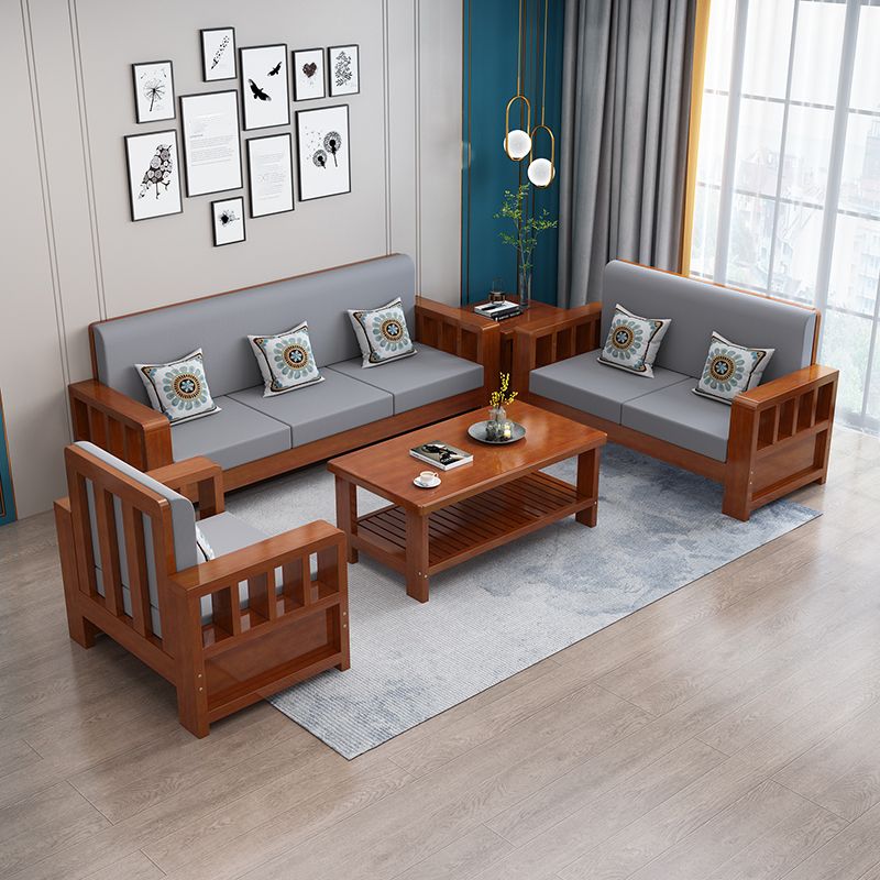 Modern Farmhouse Sofa in Solid Wood with Square Arms for Living Room