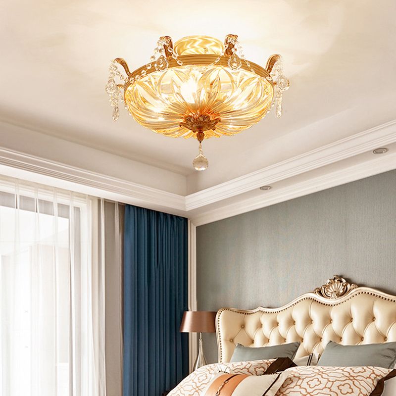 Dome Clear Glass Semi Flush Light Modernist 5 Lights Gold Flush Mount Ceiling Light Fixture with Crystal Draping