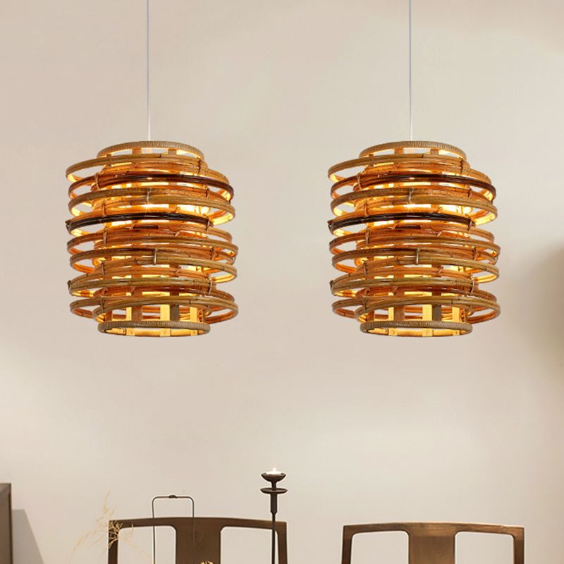 Whirled Bamboo Suspension Pendant Asian Single Beige Hanging Light Kit over Dining Table