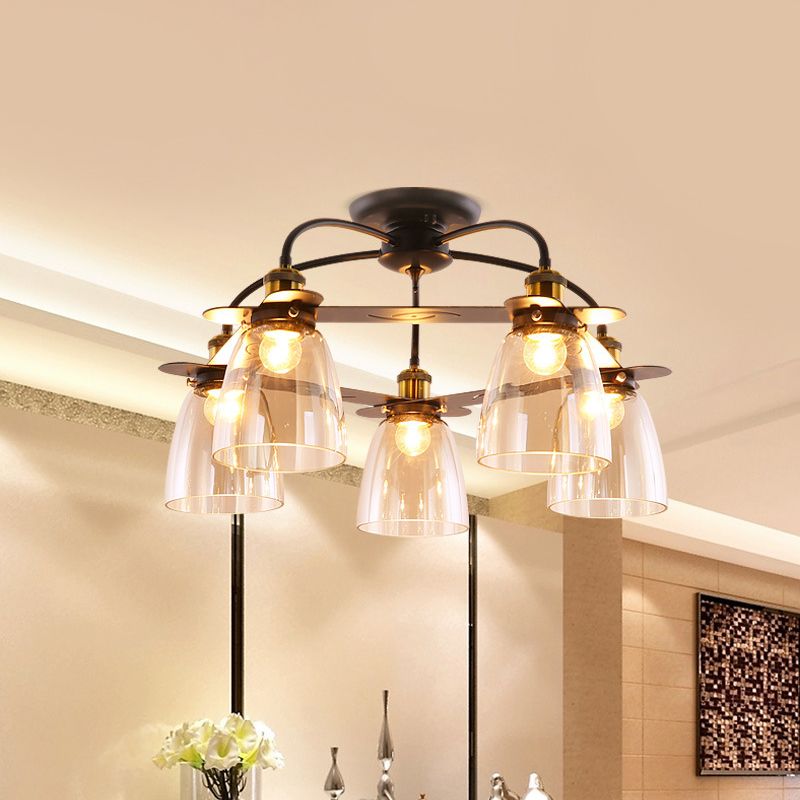 Dome Shade Restaurant Semi Flush Cognac Glass 5 Bulbs Mid Century Style Ceiling Mount Chandelier in Black