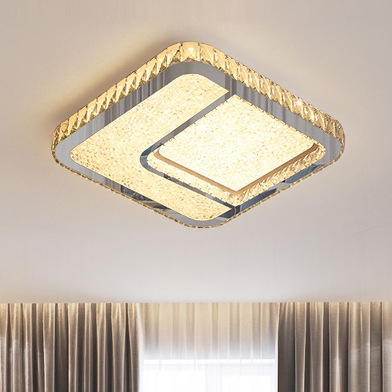 LED Parlor Flushmount Lighting Modernist Chrome Ceiling Fixture with Square Faceted Crystal Shade in Warm/White Light