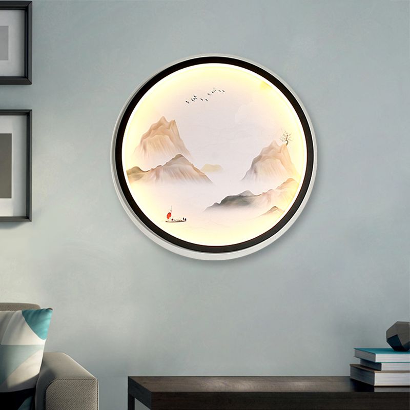 Foggy Mountains Scenery Fabric Mural Lamp Chinese Style Black LED Wall Light Sconce