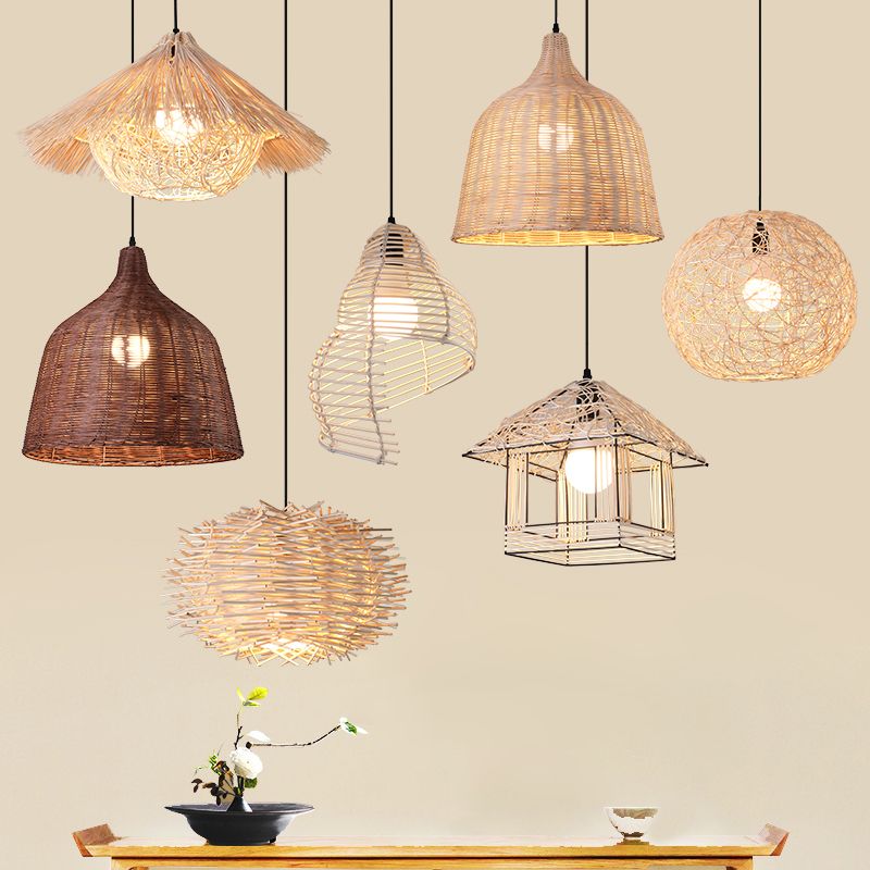 Ruffenhut/Spiral-/Haushängelampe Moderne Rattan 1-Licht beige Pendelleuchte über den Tisch