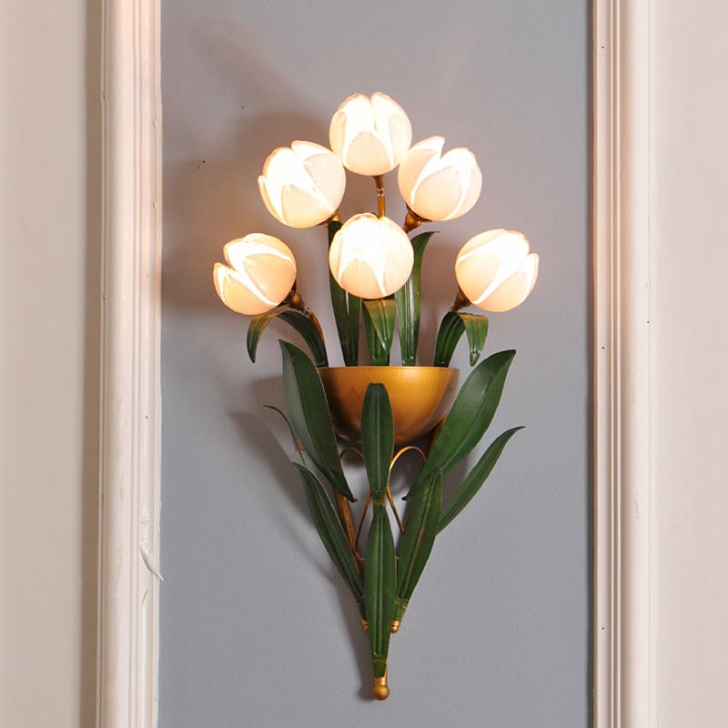 Pink Glass Brass Sconce Light Lotus 6 Lights Traditional Wall Mounted Lighting for Bedroom
