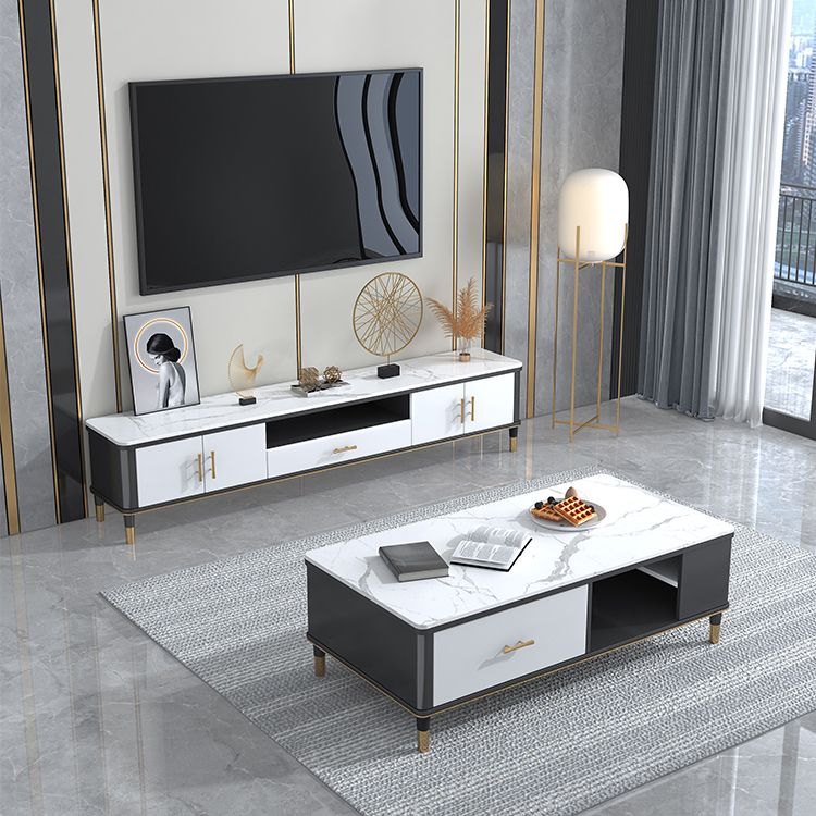 Glam Style TV Stand Stone Open Storage TV Console with Shelves