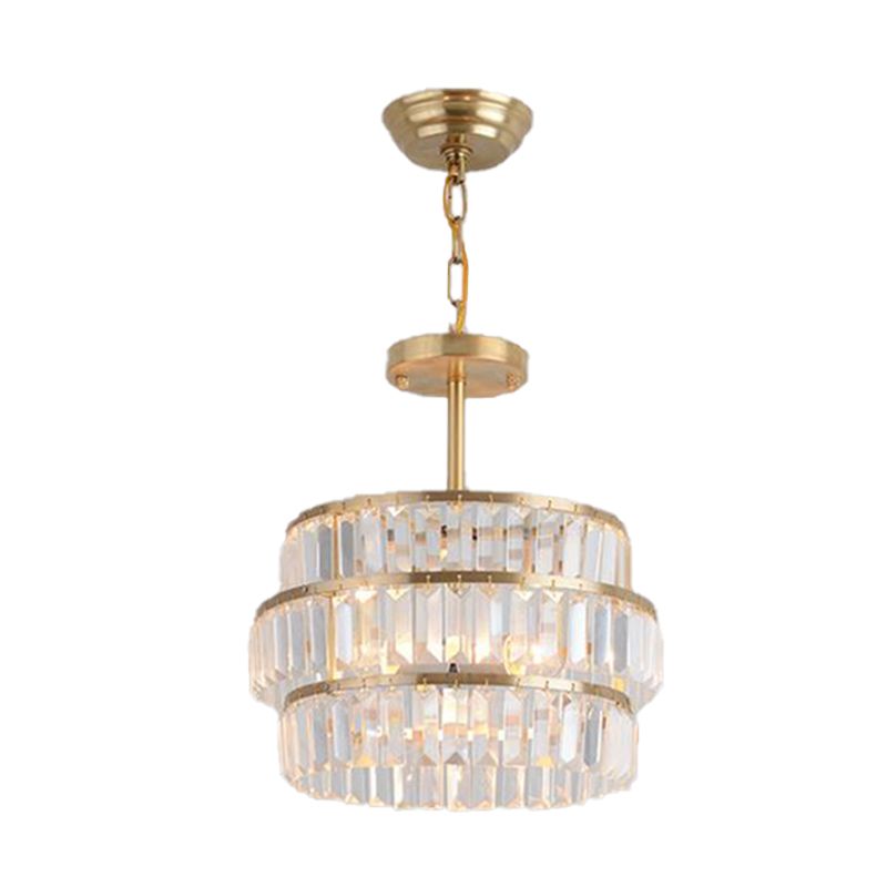Brass Layered Ceiling Chandelier Modernist 3 Bulbs Cut Crystal Suspension Pendant Light