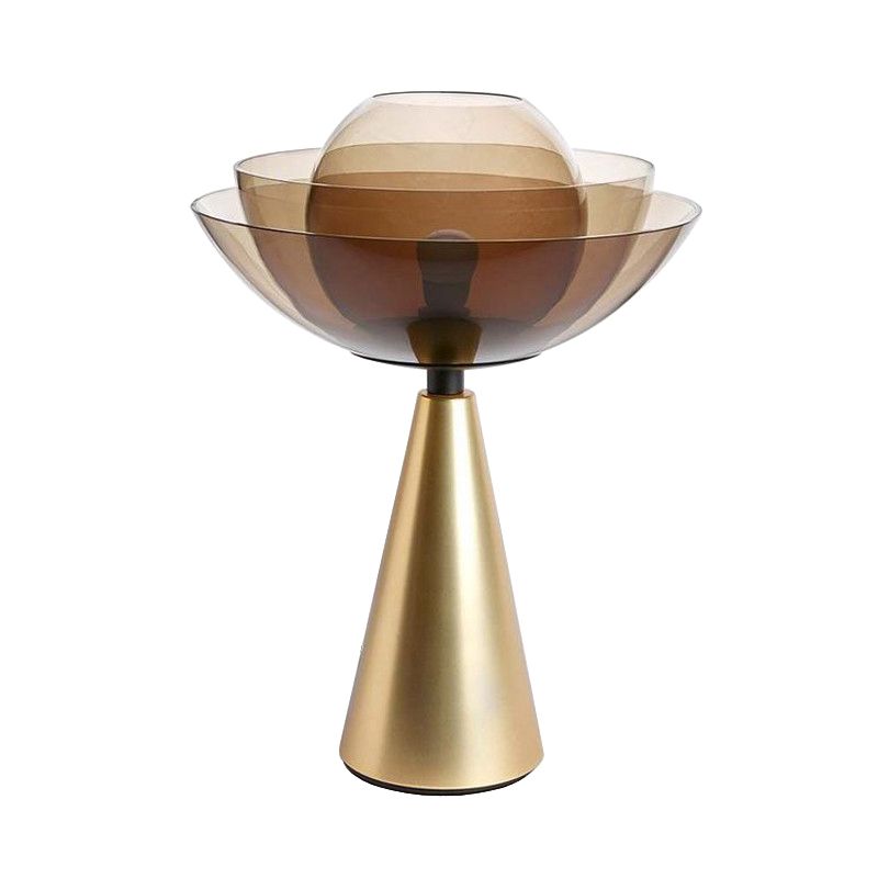 Tan Glass Dome Table Light Modern 1 Bulb Nightstand Lamp with Conical Gold Metal Base