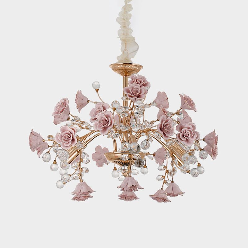 Luxury Crystal Chandelier Rural Ceramic Flower Living Room Hanging Light in Pink