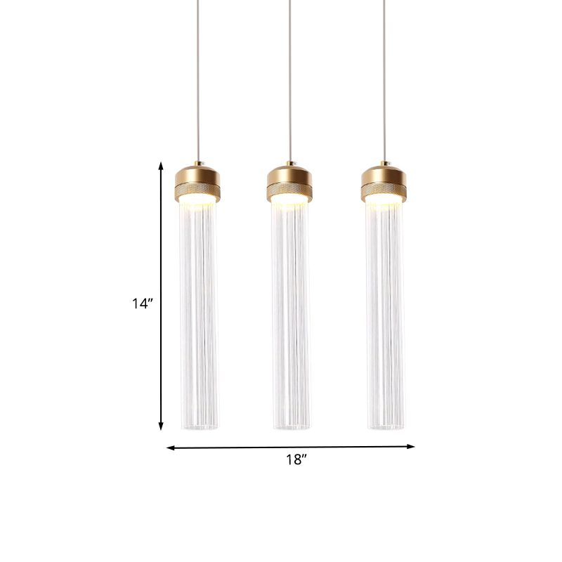Clear Ribbed Glass Island Pendant Gold Finish Column Crystal Island Light