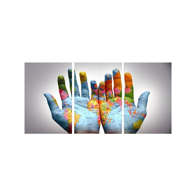 Photography World Map Hands Art Print for Meeting Room, Blue and White, Set of 3