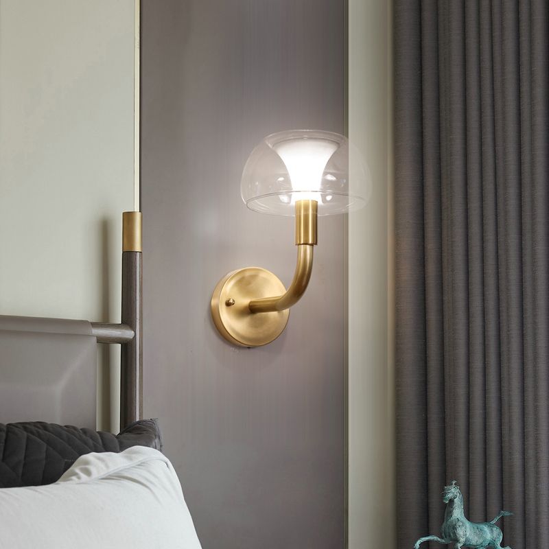 1/2 Bulbs Bowl Sconce Light Traditional Brass Metal Wall Mount Lamp with Clear Glass Shade for Bedroom