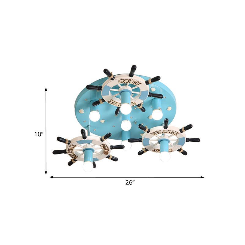 Mada de timón de timón de madera iluminación de montaje mediterráneo 7 bulbos de lámpara de al ras del azul