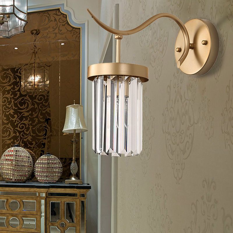 Curved Metal Wall Sconce Lamp Modernist 1 Head Brass Finish Wall Light Fixture with Clear Crystal Block