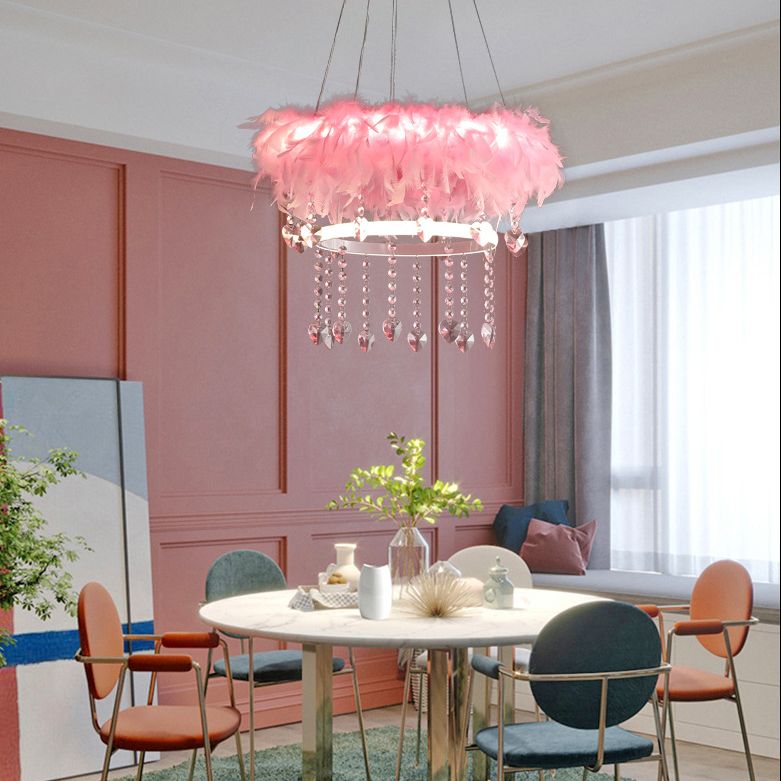 Tapered Feather Chandelier Pendant Nordic LED Hanging Light Fixture with Crystal Decor for Dining Room