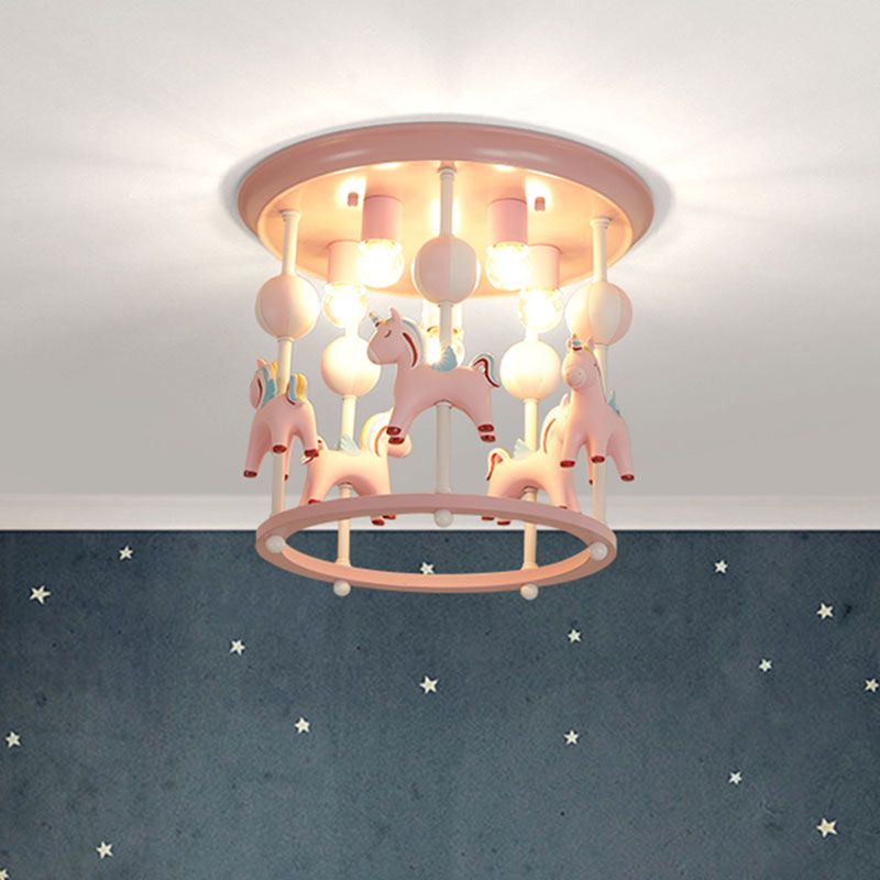 Cartoon Unicorn Flush Mount Light with Carrousel Design Resin 6 Bulbs Kid Room Flush Lamp in Blue/Pink