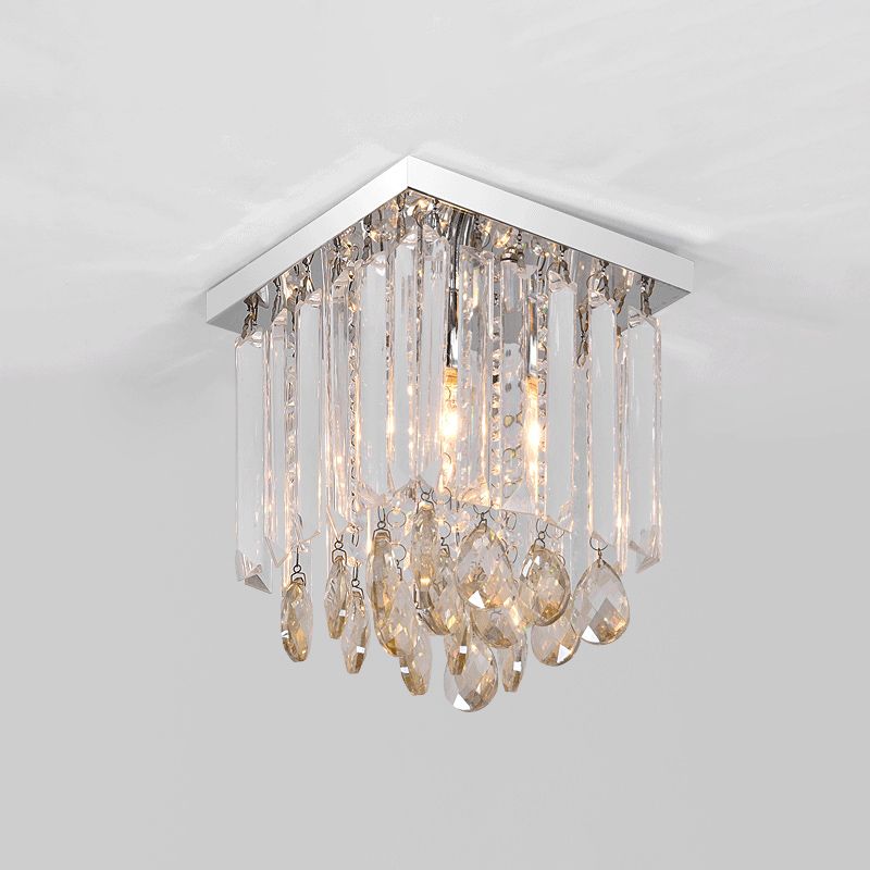Chrome Square Ceiling Mount Modern Style Crystal Drop 1/2-Light Bedroom Flush Light, 8"/12" Wide