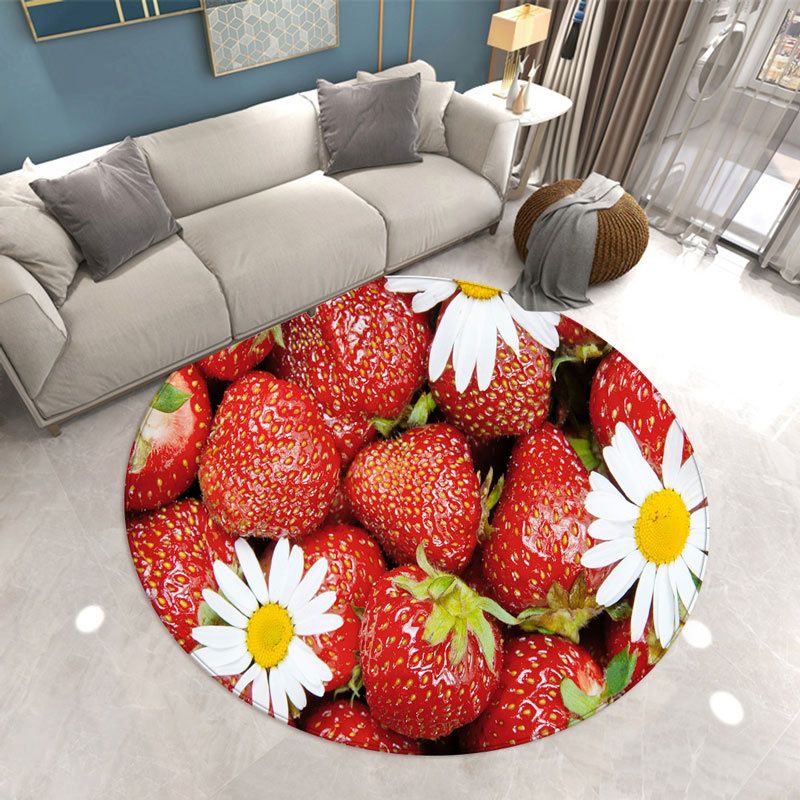 Round Strawberry Print Carpet Polyester Modern Rug Stain Resistant Indoor Carpet for Home Decoration