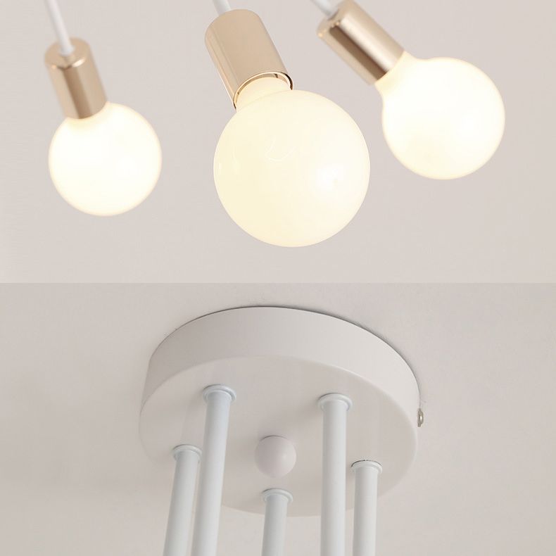 White Sputnik Exposed Bulb Flush Mount Industrial Retro Ceiling Light with Wrought Iron Stem