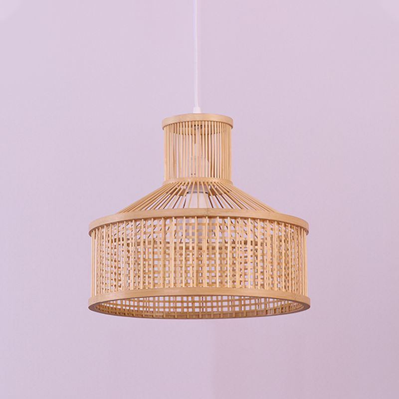 Chinese 1 Bulb Pendant Lamp Beige Hand Woven Hanging Light Fixture with Bamboo Shade