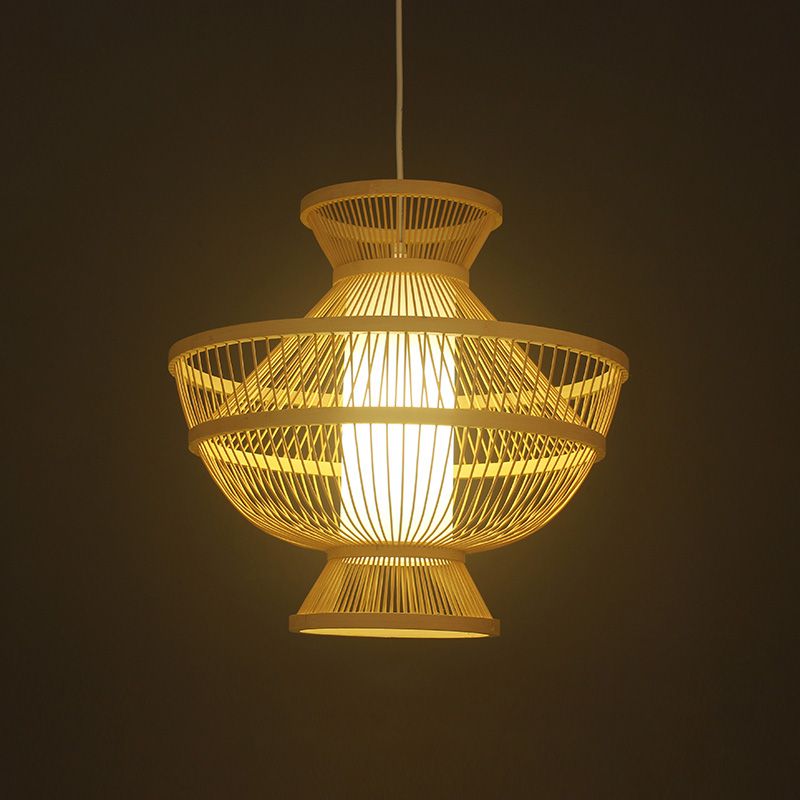 Beige Hot Pot Shaped Suspension Pendant Asian Style Single Bulb Bamboo Ceiling Lamp for Restaurant