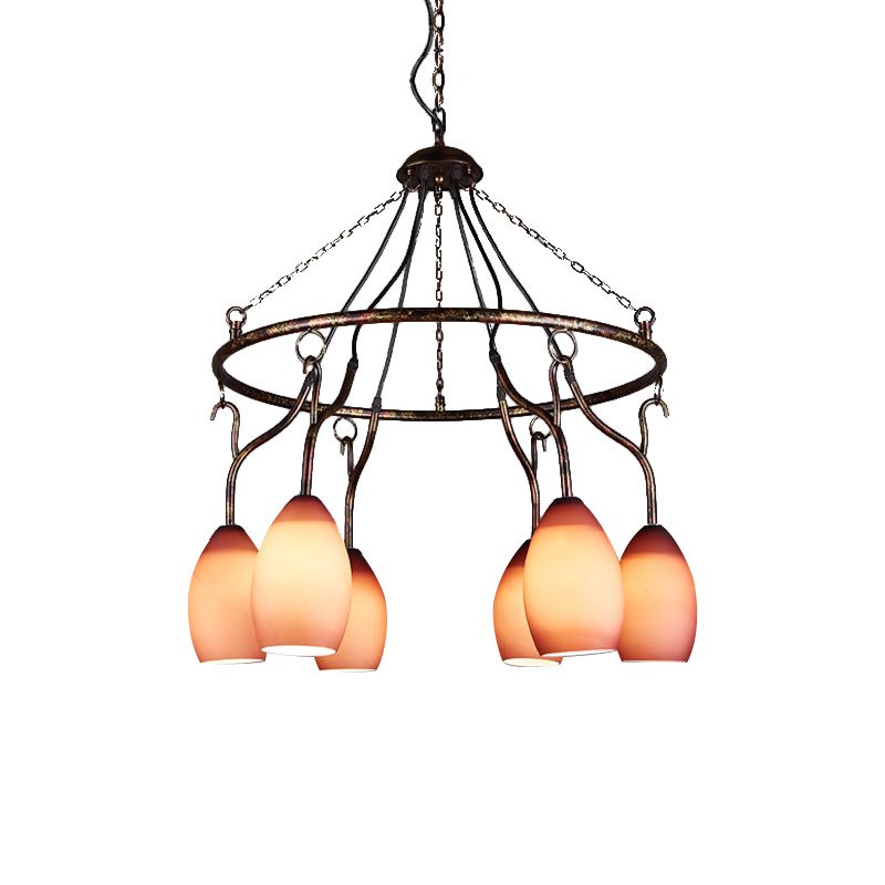 6 Lights Ring Hanging Light with Pink Melon Shade Antique Glass Chandelier for Cafe