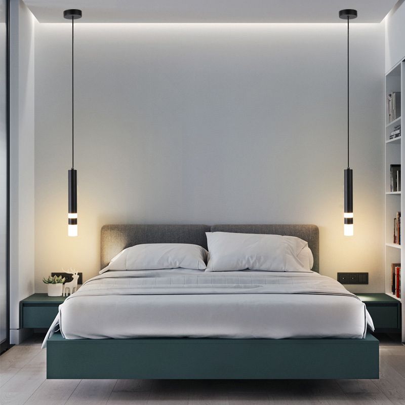 Acrylic Black LED Pendant Light in Modern Style Aluminium Cylindroid Hanging Lamp for Bedroom