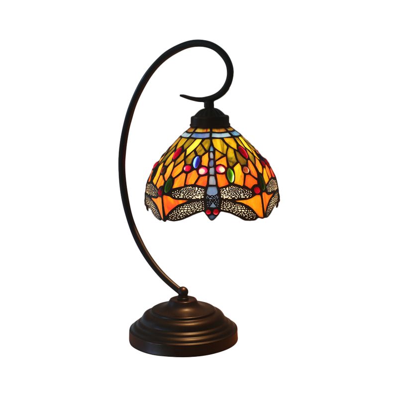 Dragonfly Cut Glass Desk Lighting Victorian 1 Light Orange/Green Night Lamp with Curved Arm for Bedroom