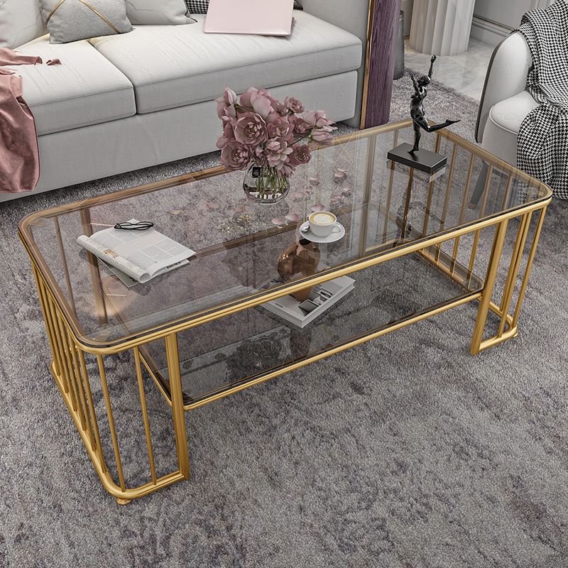 Glam Rectangle Coffee Table with Golden Frame Base and Storage Shelf