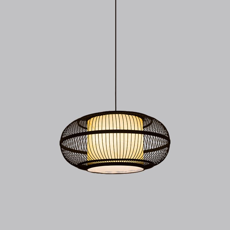 Schwarze ovale Deckenhänge Lantern Chinese 1 Glühbambus -Pendellampe mit alten Stadtabdruck, 19,5 "/23,5" W.