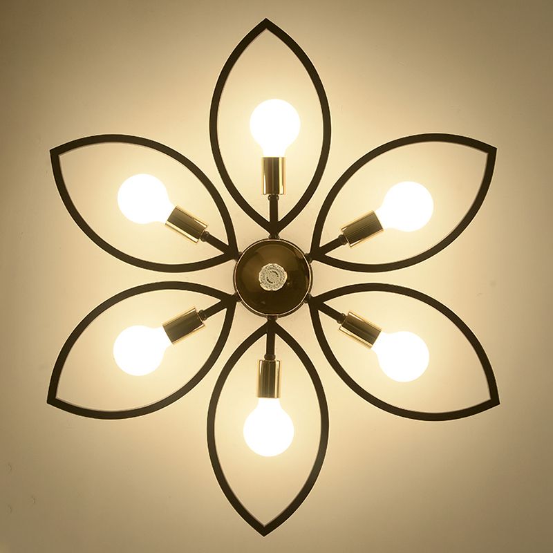 Floriated Semi Flush Mount in Industrial Retro Style Bare Bulb Metal Ceiling Light in Black