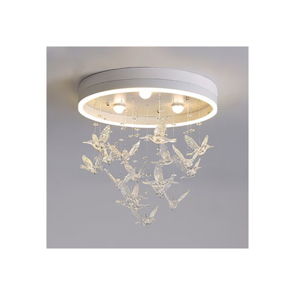 Round Flush Light with Clear Crystal Bird Modern LED Flush Mount Light for Bedroom