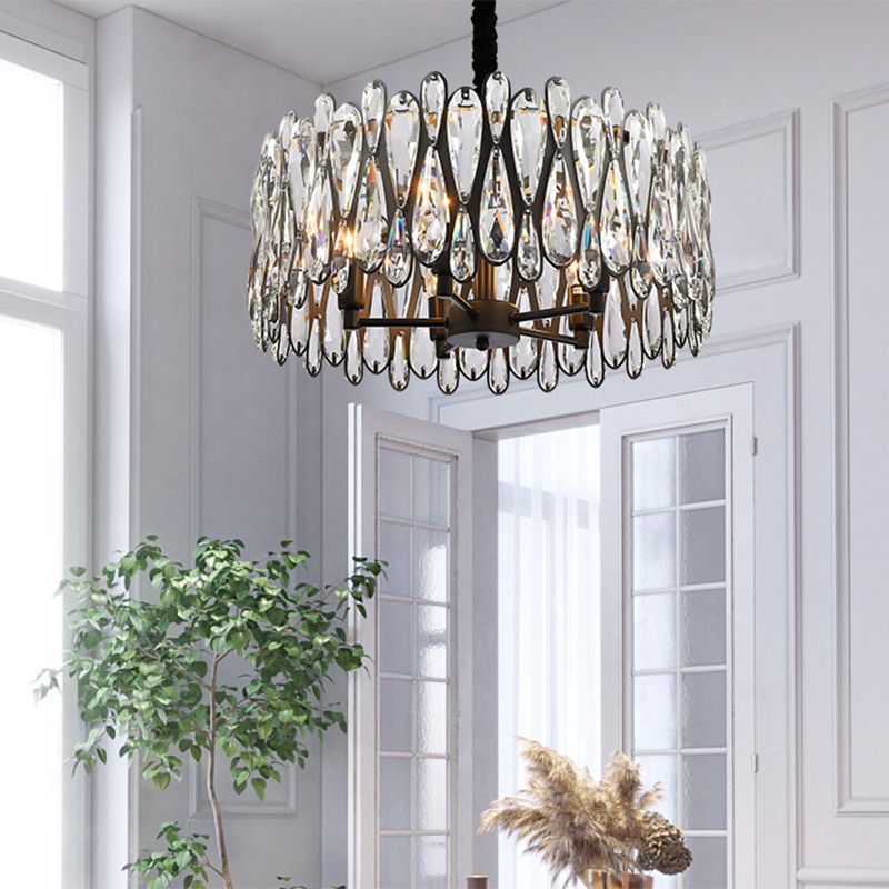 Black Drum Shaped Pendant Light Modern Crystal Teardrop 6-Bulb Dining Room Chandelier