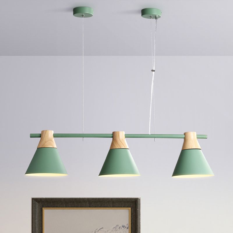 Salle de salle à manger cône Light Fer 3 bulbes Pendentif multim moderne en jaune / bleu / vert avec conception linéaire