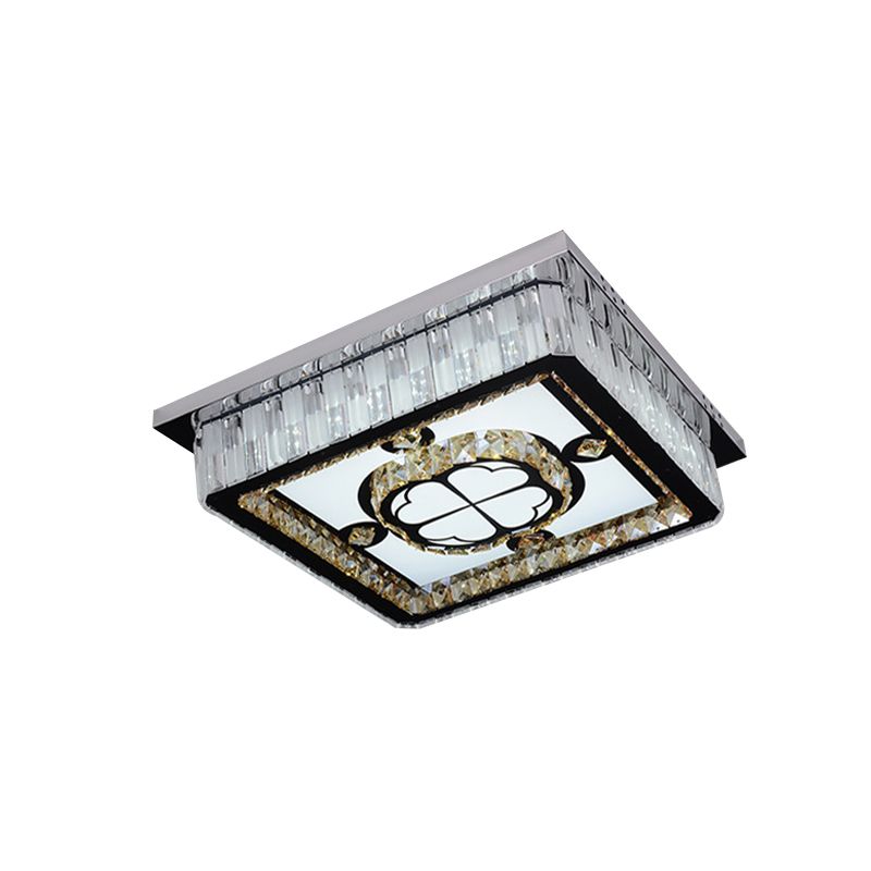 Simplicity Square Ceiling Mounted Light LED Crystal Flush Mount Lamp in Chrome with Clover Pattern