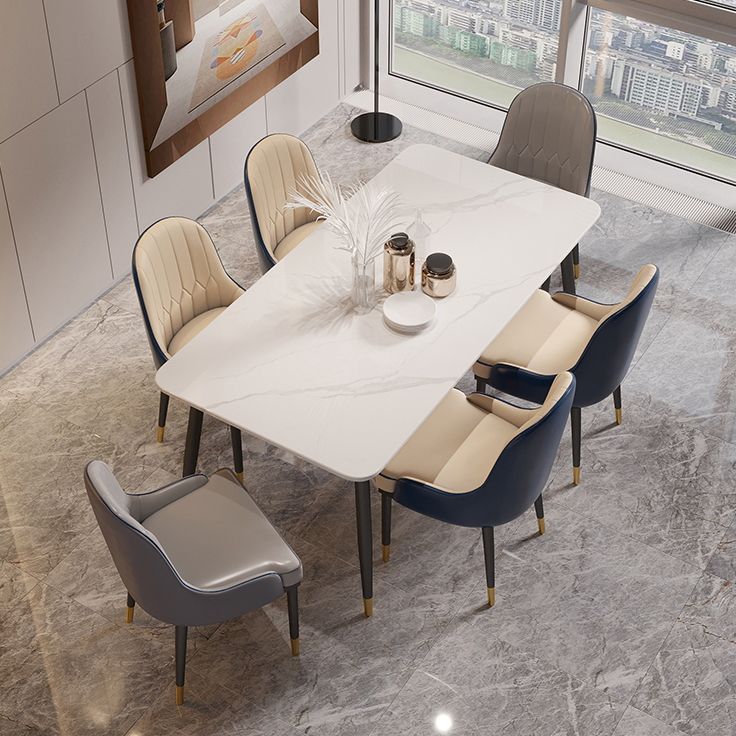Modern 4 Legs Dining Table Stone and Steel Rectangle Counter Dining Table
