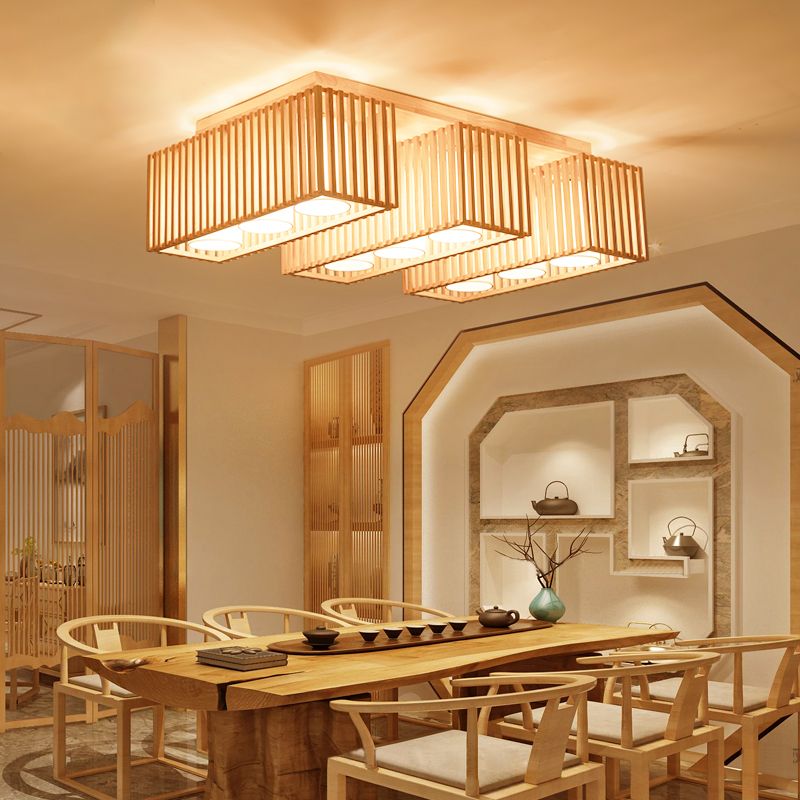 Rectangle Wooden Ceiling Mount Light Asian Style LED Flush Mount Ceiling Light