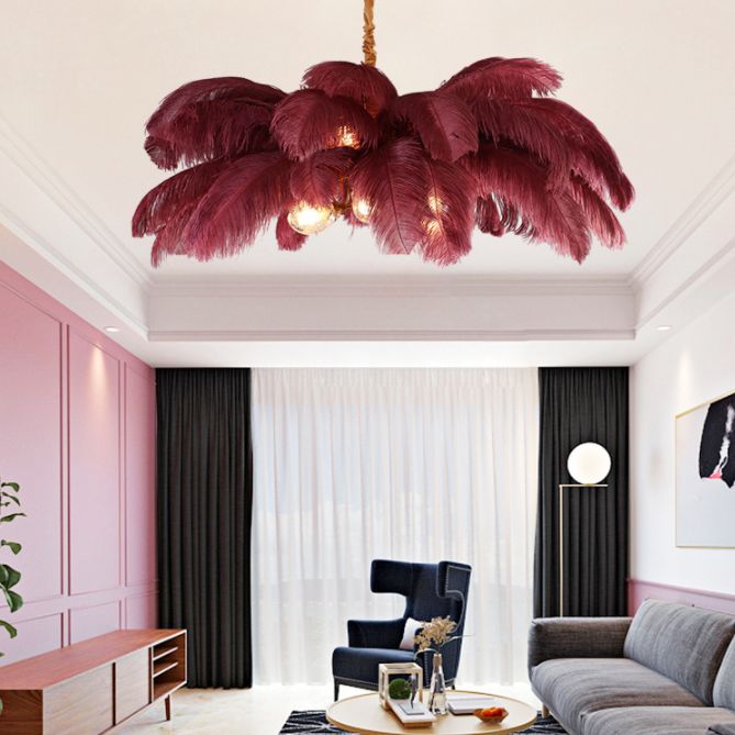 Ostrich Feather Ceiling Chandelier Modern Nordic Creative 5 Light Hanging Ceiling Light for Bedroom