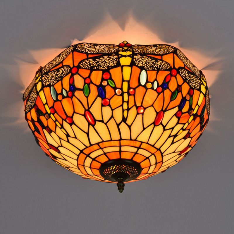 3 Heads Living Room Ceiling Mounted Fixture Tiffany Red/Yellow/Orange Flush Mount Lamp with Dragonfly Stained Glass Shade