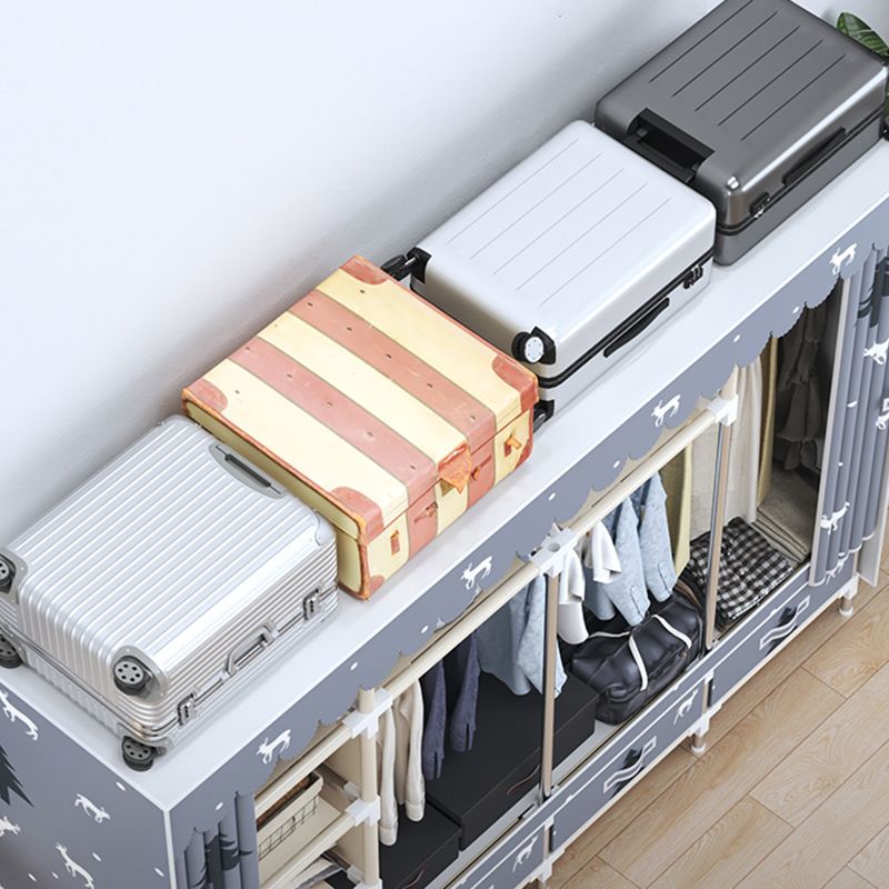 Modern Style Wardrobe Armoire Silver Steel Frame Wardrobe with Drawer