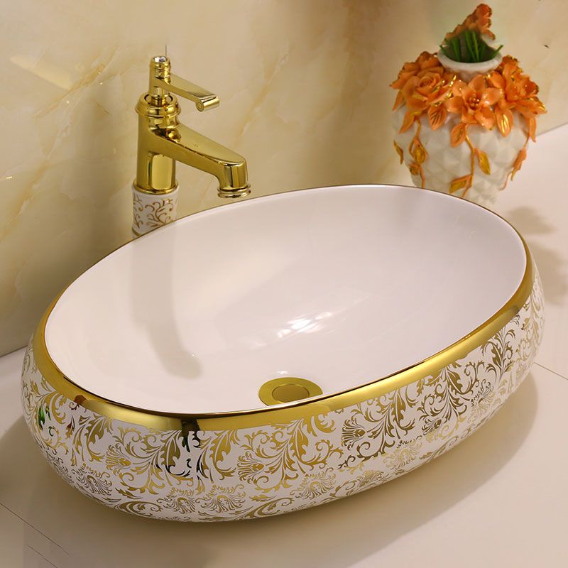 Glam Vessel Lavatory Sink Oval Porcelain with Faucet Vessel Sink
