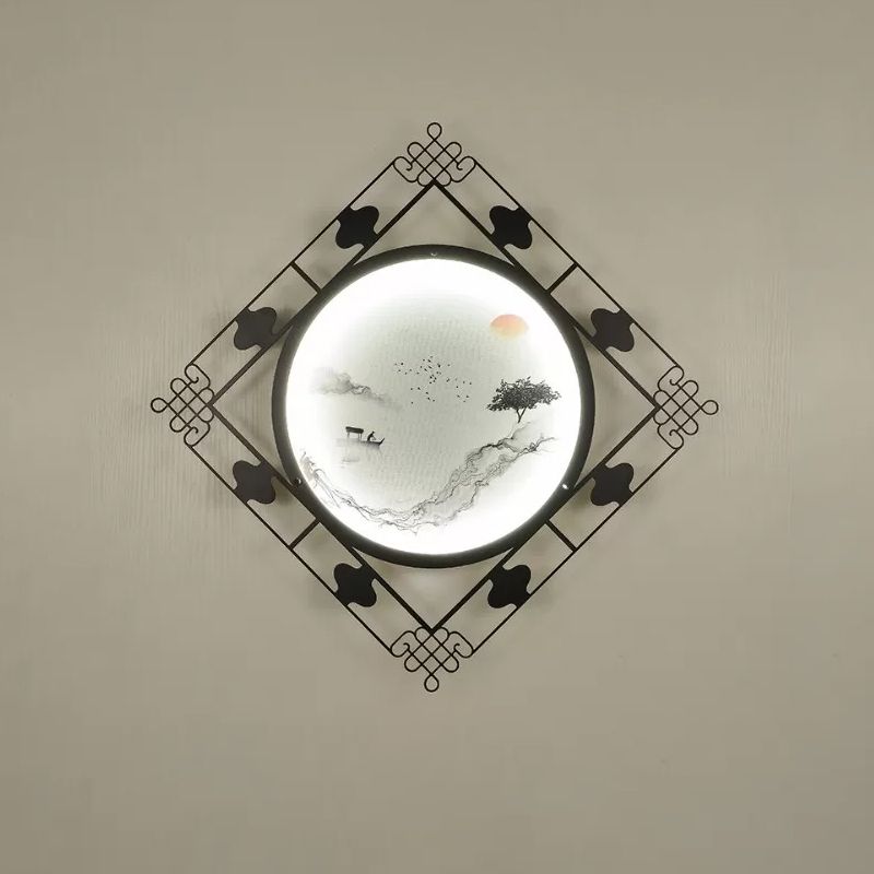 Living Room LED Wall Mural Lighting Chinese Black Wall Mount Fixture with Rhombus Metal Frame