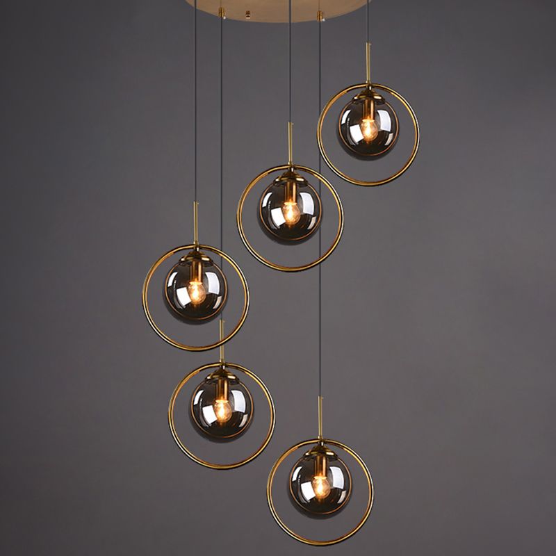 Brass Finish Cluster Ball Pendant Post-Modern 5 Bulbs Glass Suspended Lighting Fixture