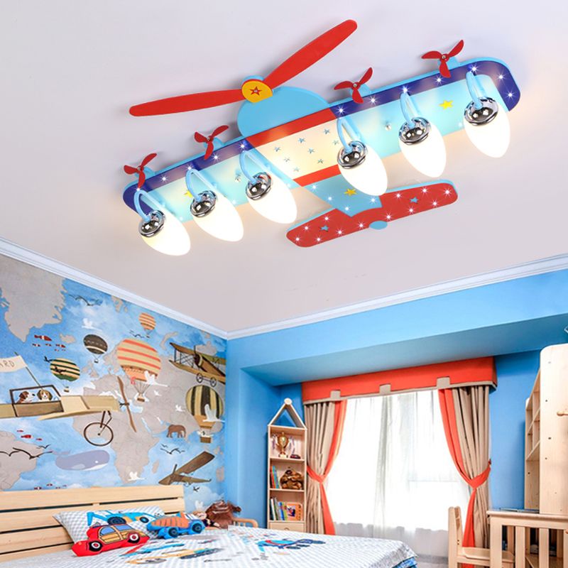 Plafonnier à hélice en bois pour chambre de bébé, plafonnier de dessin animé en bleu