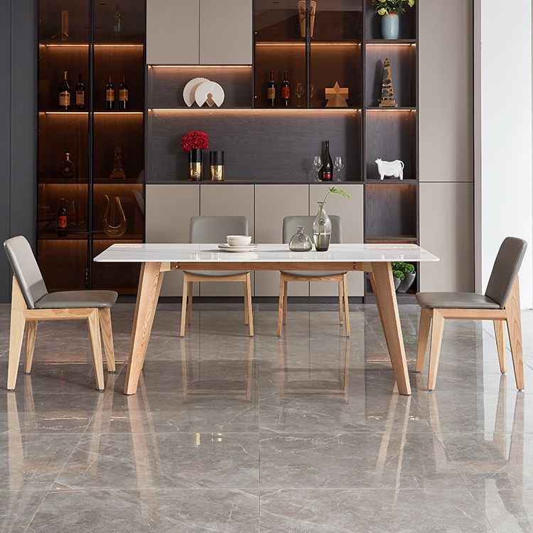 Rectangle Contemporary Dining Room Table White Sintered Stone Table with Ash Solid Wood Base