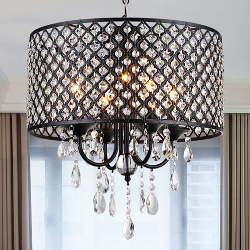 Vintage -Stil Schwarz/Chrom -Kronleuchterlampe mit Trommelfarbton 4 Lichter Eisen und Kristall hängen Licht