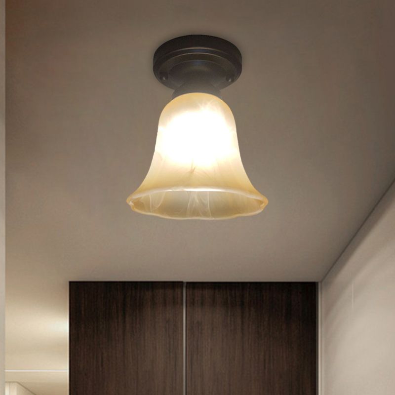 Black Single Bulb Ceiling Light Antiqued Milky Glass Bell Shape Flush Mount Lighting Fixture
