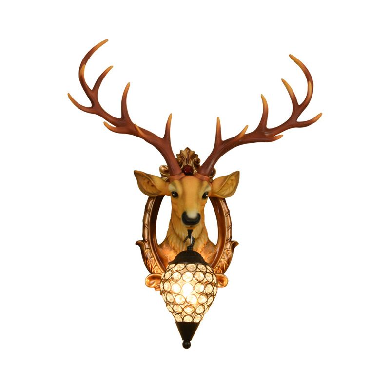 Single-Bulb Gridded Raindrop Sconce Countryside White/Yellow Crystal Wall Mounted Lamp with Resin Deer, 19.5"/24.5" Wide