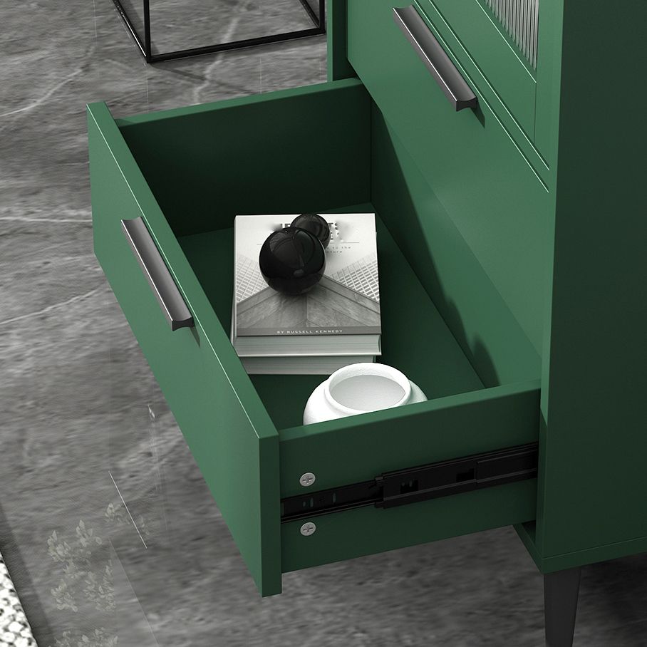 Wooden Accent Cabinet with Glass Door and 4 Steel Black Legs