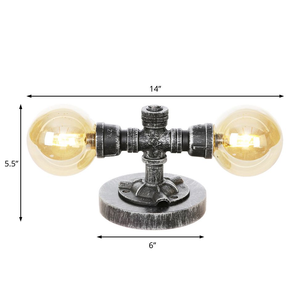 Lámpara de mesa industrial con pantalla redonda, 2 luces, luz de escritorio de vidrio transparente/ámbar en plata antigua con base